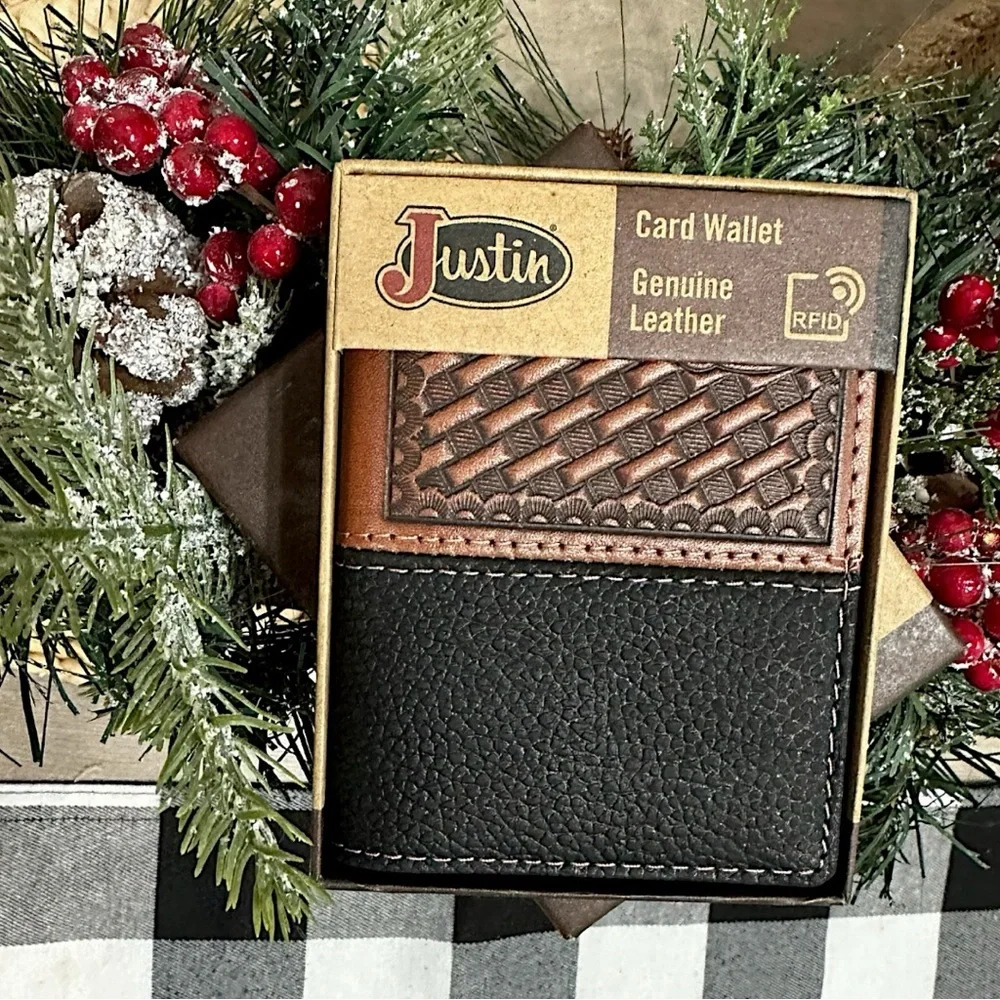 New Justin Boots Mens Leather Wallet Bi Fold Basketweave Card Wallet Brown Black